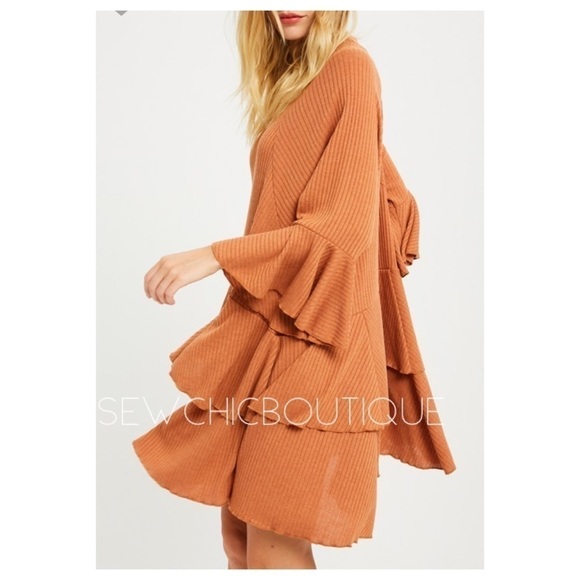 Rib Knit Ruffle Mini Dress in Chai - Picture 3 of 8